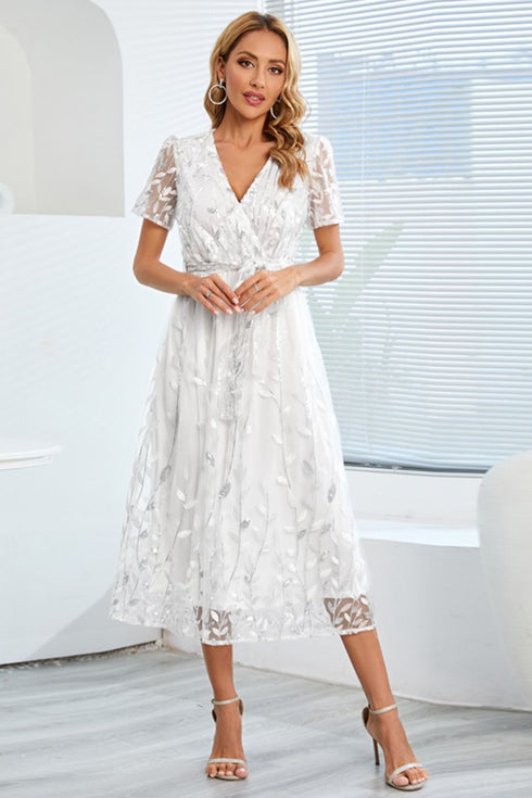 sequin-leaf-embroidery-tie-front-short-sleeve-dress Sophia's Trends - Sophia's Style-Deep Red-L